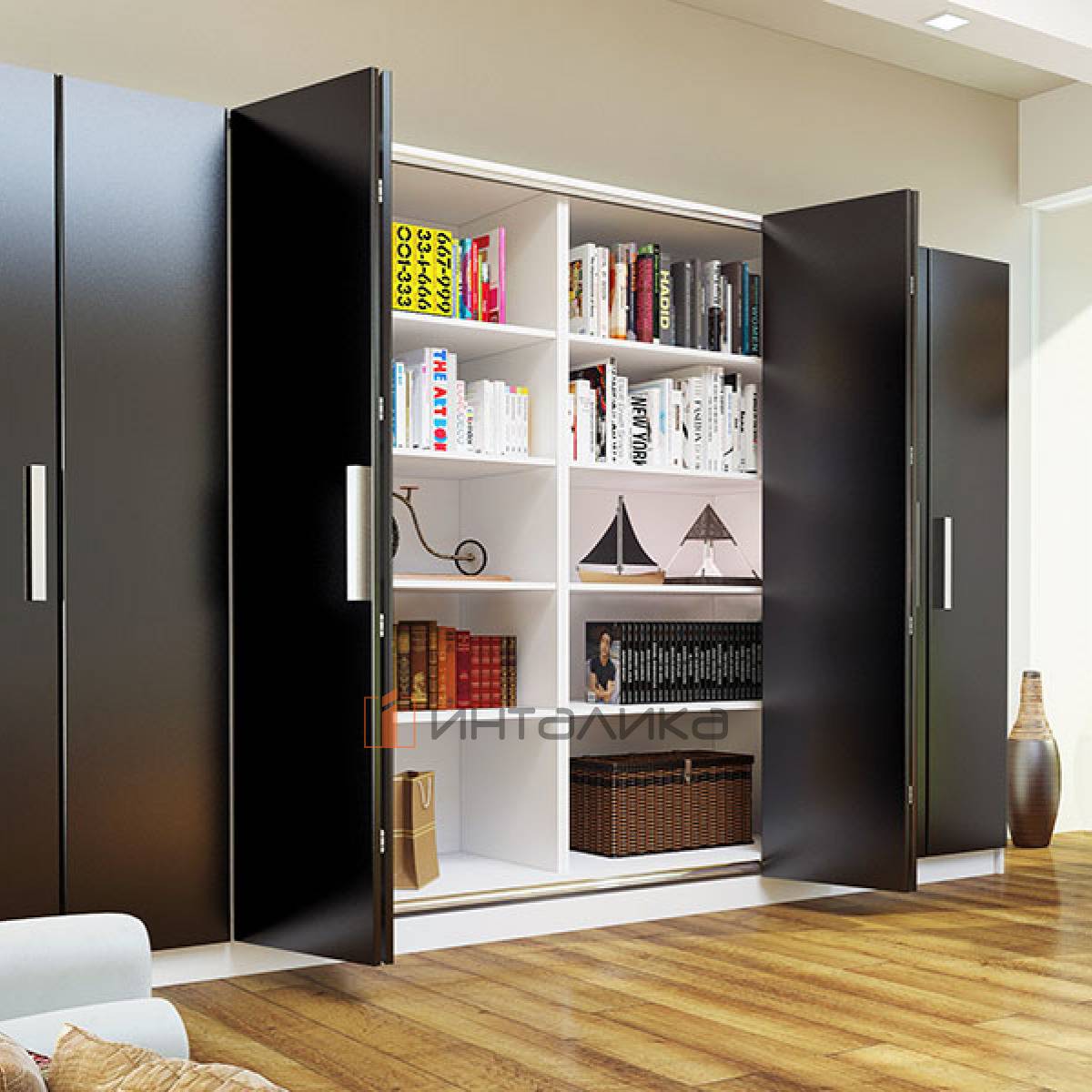 Система HETTICH ВингЛайн Л / Wing Line L для 2 складных дверей, плавное закрывание, H1000-2400, L1200, B250-600, G25, с нижней направляющей