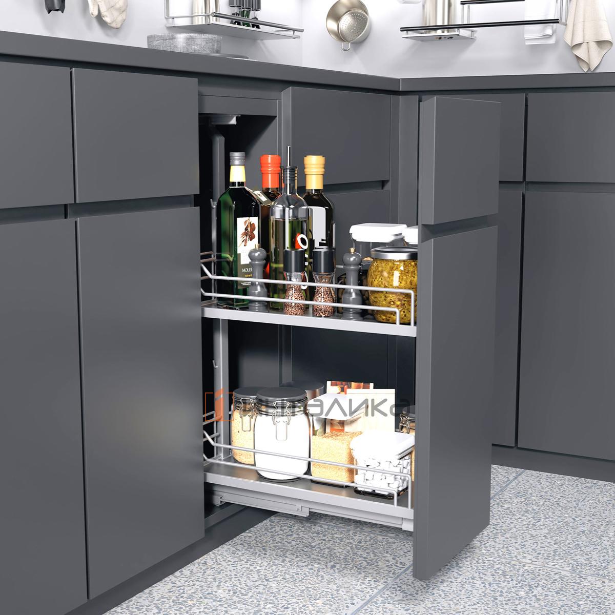 Комплект КЕССЕБЁМЕР / KESSEBOHMER Диспенса Джуниор 400, 2 полки Арена Классик, с доводчиком, антискользящее покрытие, H640-728, G28, титан