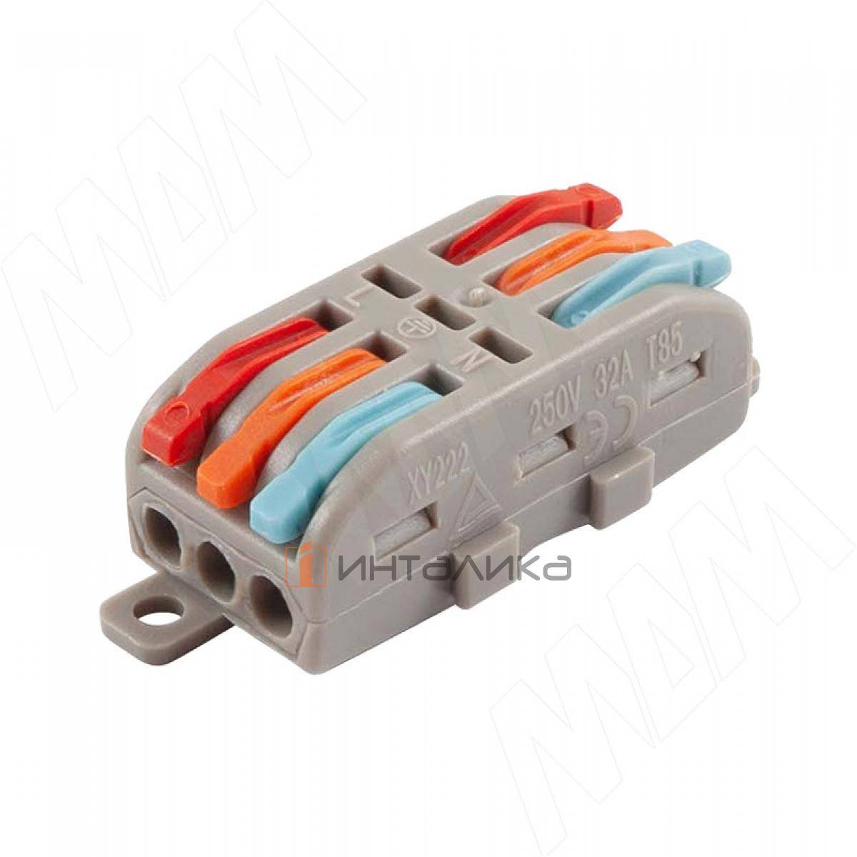 Клемма 222 с рычажком, 3 порта, разная полярность, для провода 0.5-4.0 кв.мм, ток 16А, красный/синий (TE-222-XY3-3)