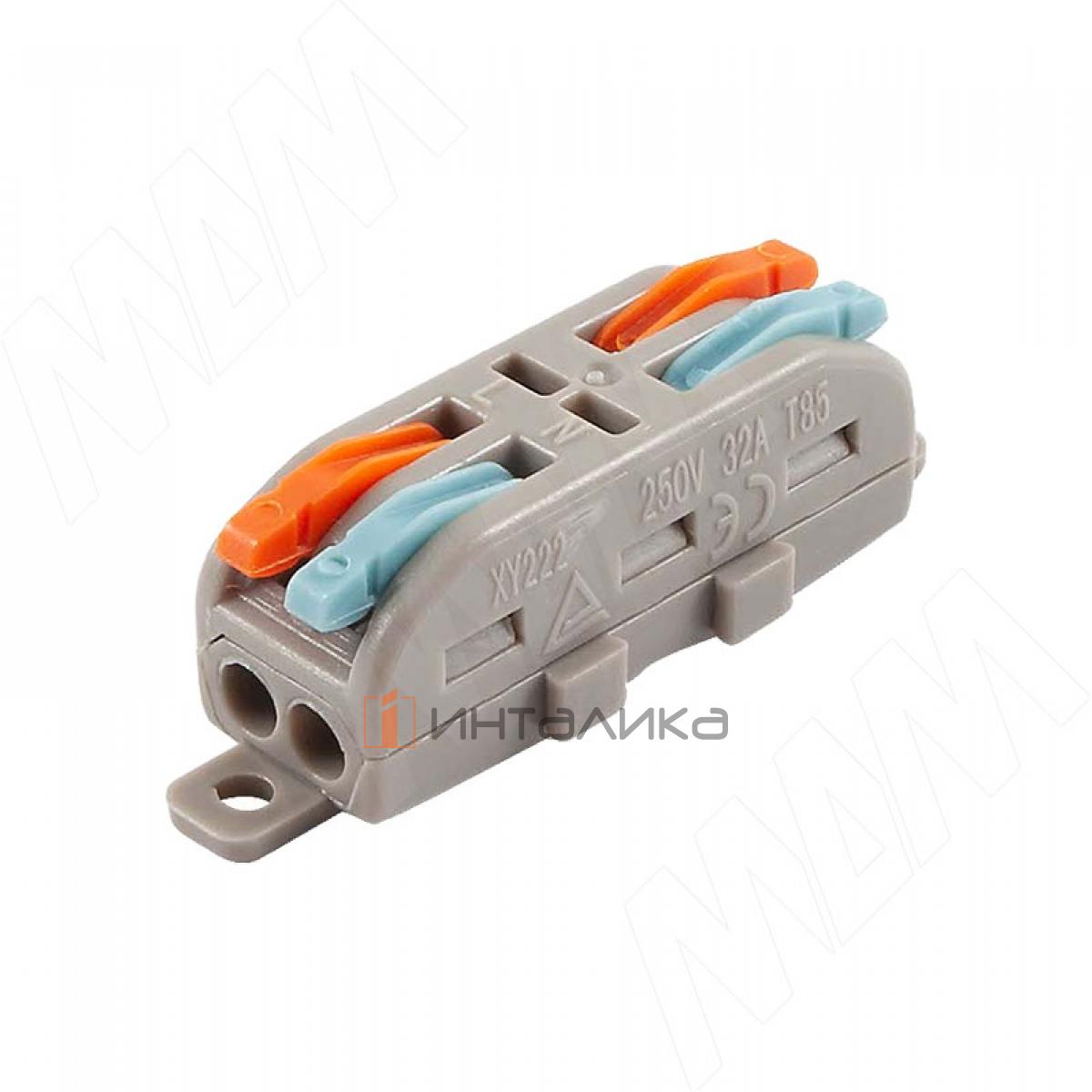 Клемма 222 с рычажком, 2 порта, разная полярность, для провода 0.5-4.0 кв.мм, ток 16А, красный/синий (TE-222-XY2-3)