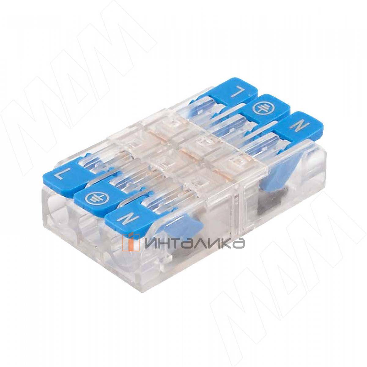 Клемма 221 с рычажком, 3 порта, разная полярность, для провода 0.5-4.0 кв.мм, ток 16А, синий (TE-221-XY3-2)