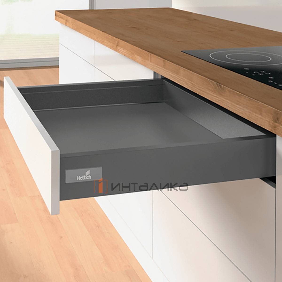 Фасадный ящик HETTICH ИнноТех Атира Квадро Открывание нажатием, бесшумное закрывание / InnoTech Atira Quadro V6 Push to Open Silent (без механизма P2OS), полное выдвижение, H70, NL420, G30, под саморез, антрацит