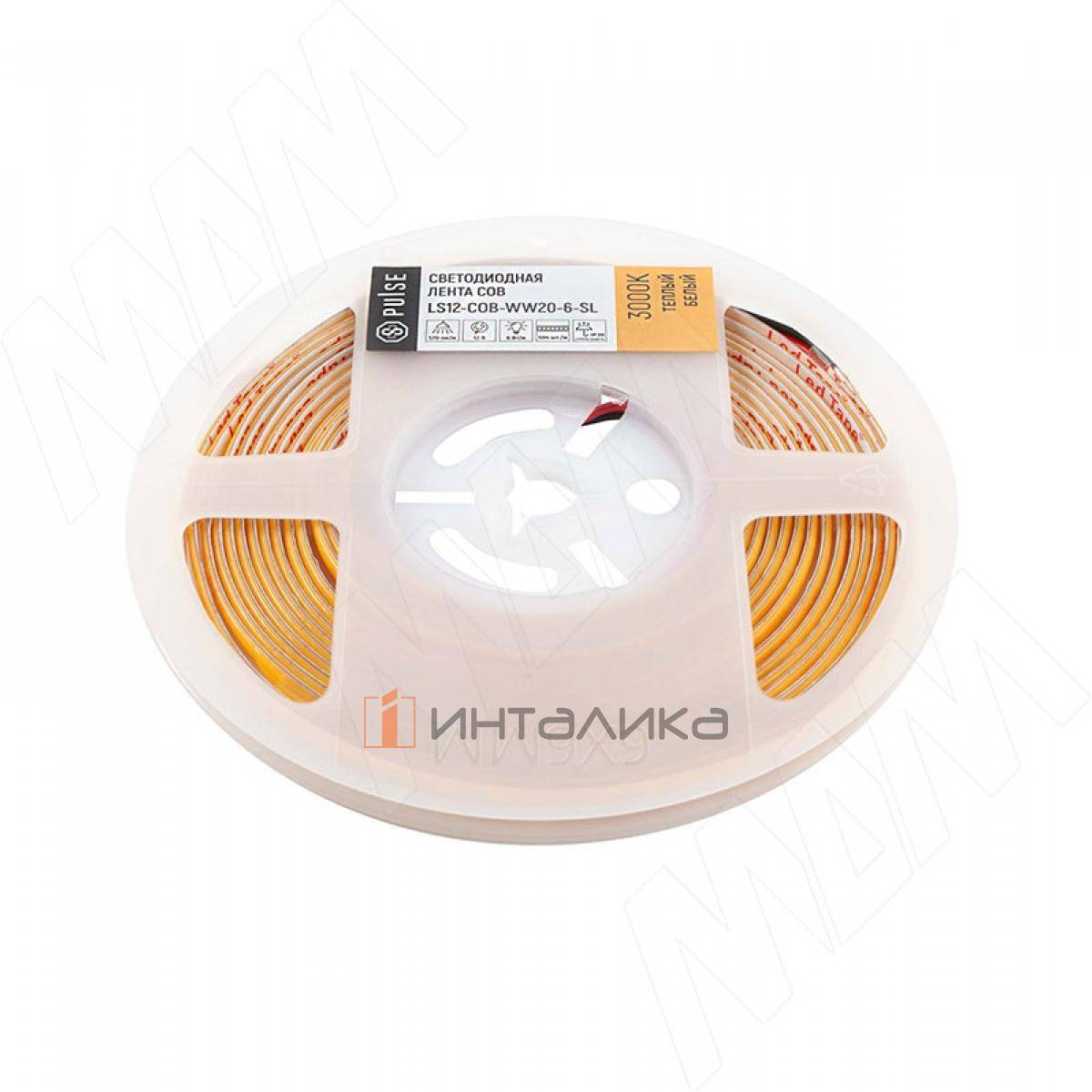 LUX, COB лента светодиодная, 504 диодов, 12V, 5 м, основание 5 мм, CRI 90, теплый белый 3000К, IP20, 6W (LS12-COB-WW20-6-SL)