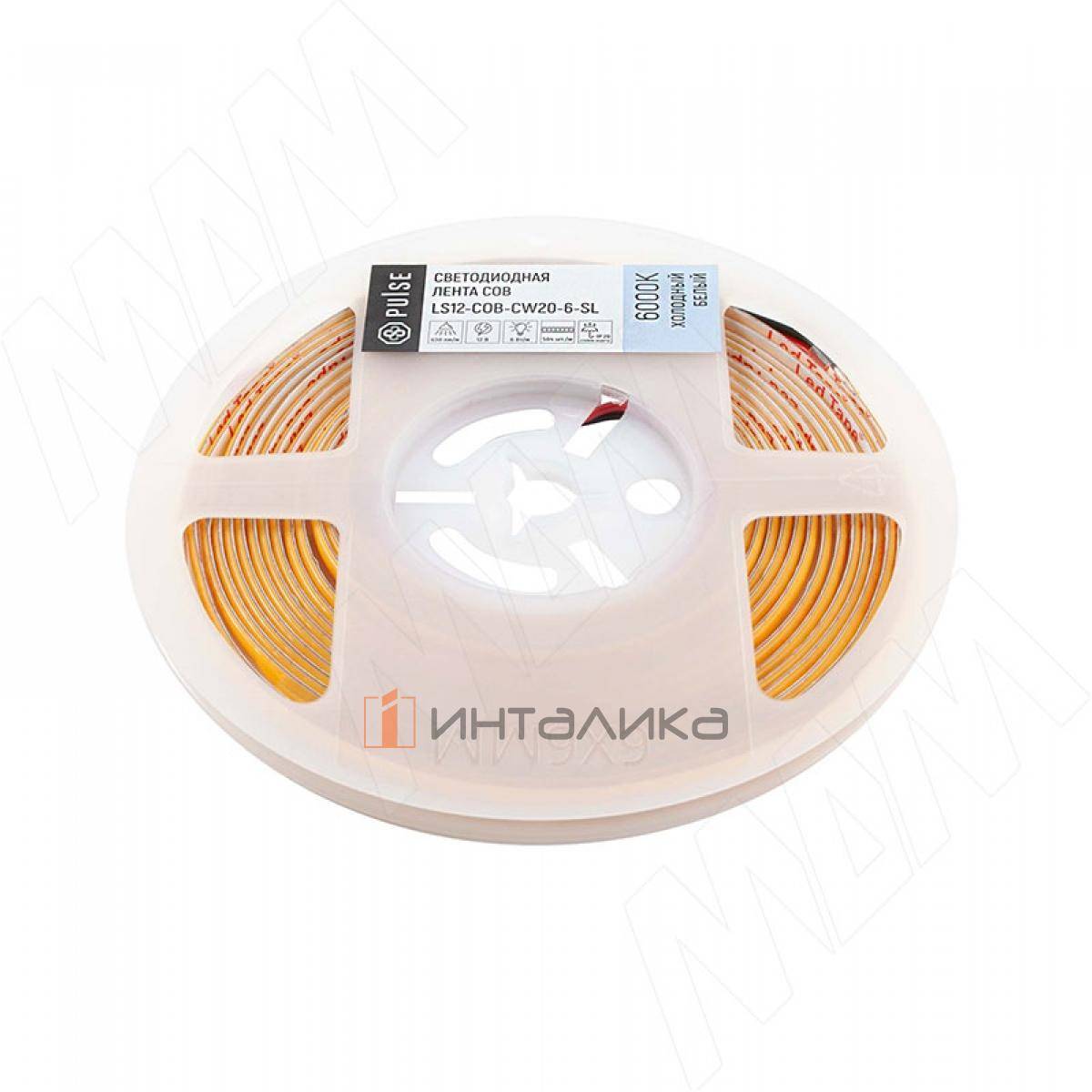 LUX, COB лента светодиодная, 504 диодов, 12V, 5 м, основание 5 мм, CRI 90, холодный белый 6000К, IP20, 6W (LS12-COB-CW20-6-SL)