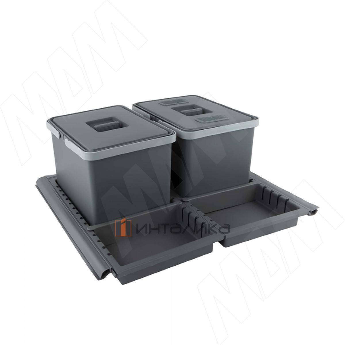 METROPOLIS Система для сбора, сортировки и утилизации мусора для мебельного ящика шириной 600мм с 2 емкостями: 12л+12л, с крышками, цвет серый базальт