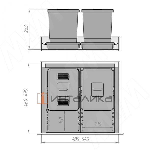 Метрополис / Metropolis Система для сбора, сортировки и утилизации мусора для мебельного ящика шириной 600мм с 2 емкостями: 15л+15л, с крышками, цвет серый базальт