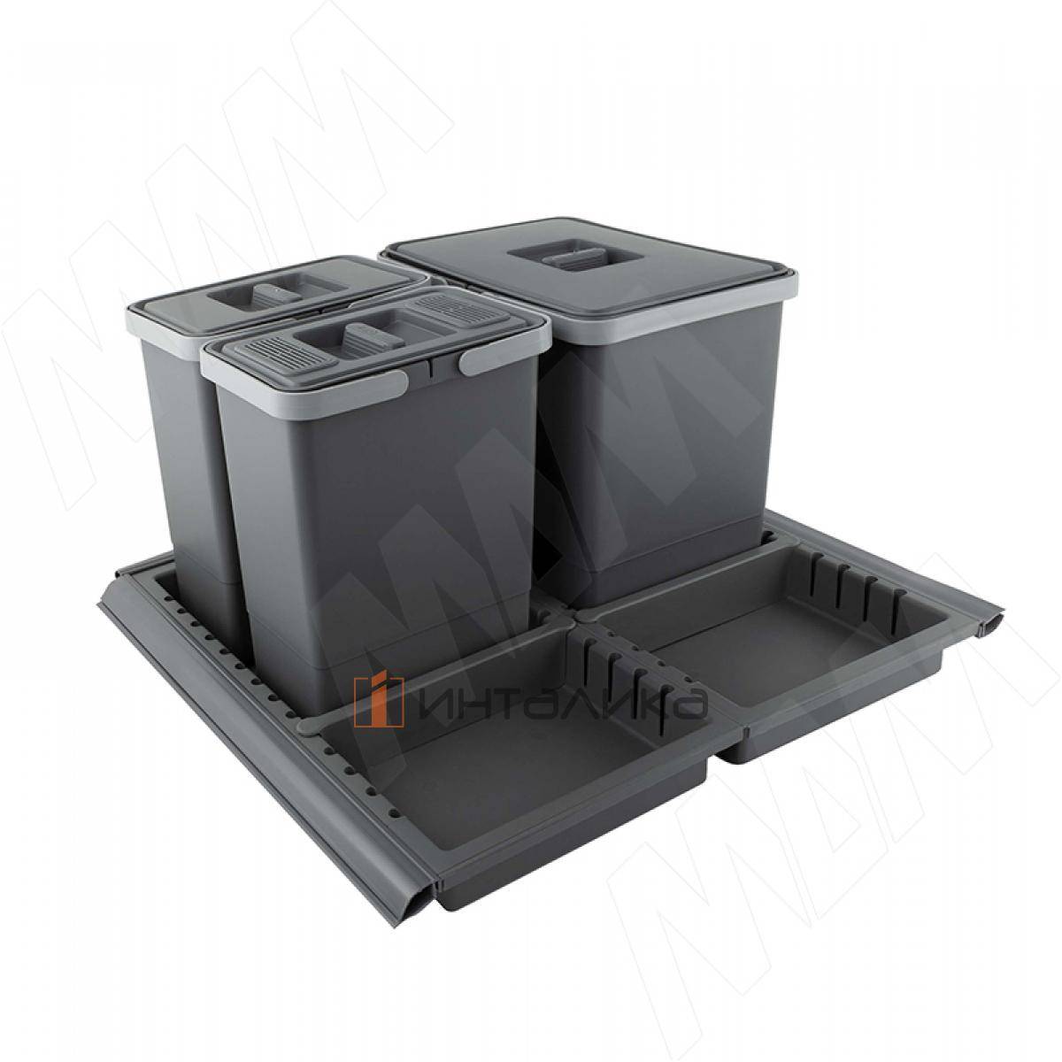 METROPOLIS Система для сбора, сортировки и утилизации мусора для мебельного ящика шириной 600мм с 3 емкостями: 15л+6л+6л, с крышками, цвет серый базальт