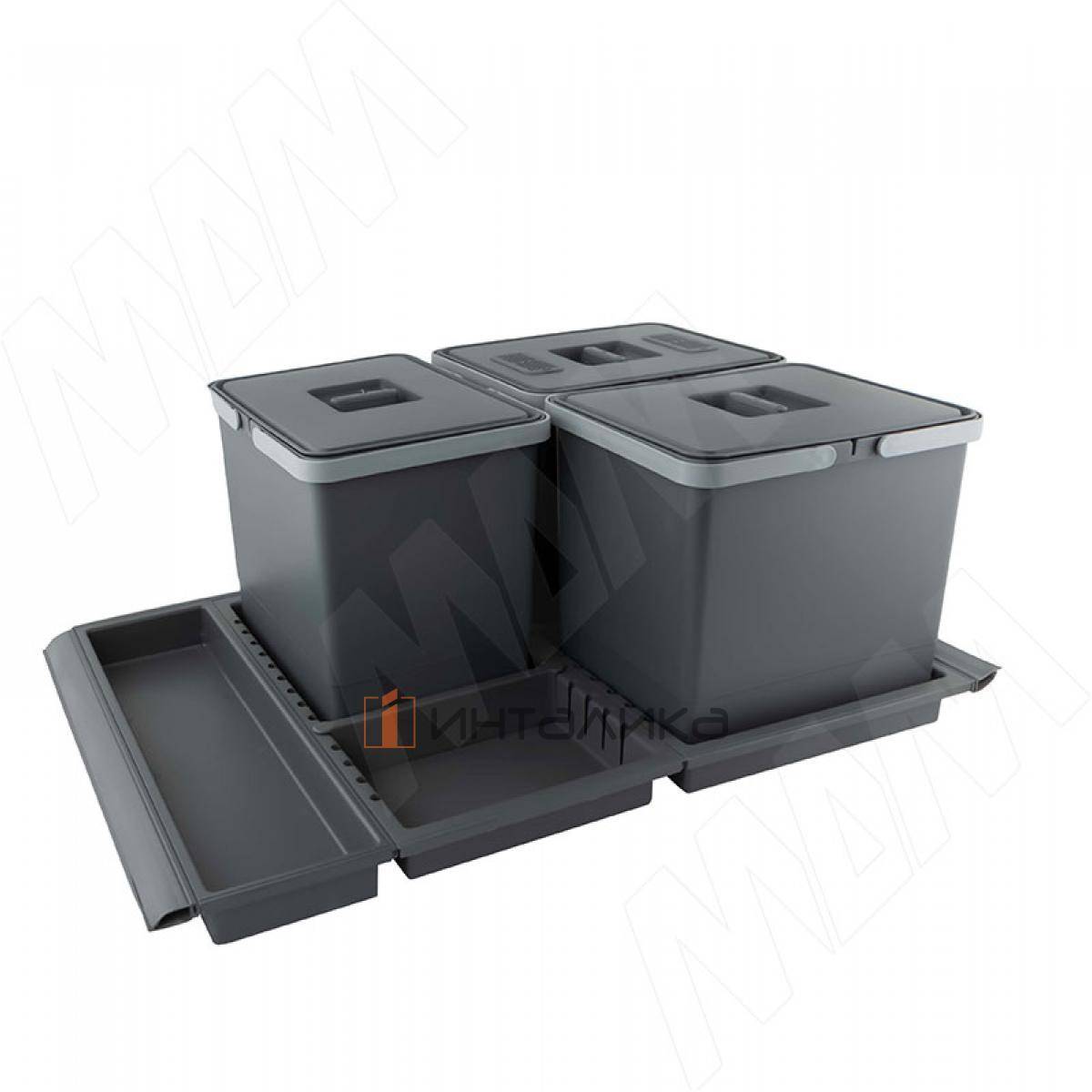 METROPOLIS Система для сбора, сортировки и утилизации мусора для мебельного ящика шириной 800мм с 3 емкостями: 15л+15л+15л, с крышками, цвет серый базальт