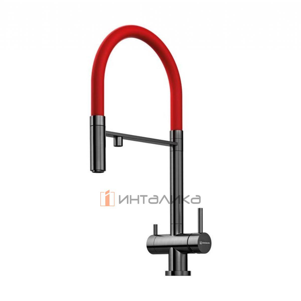 Смеситель Omoikiri KANTO однорычажный, с выводом питьевой воды, с гибким шлангом, вороненая сталь/красный