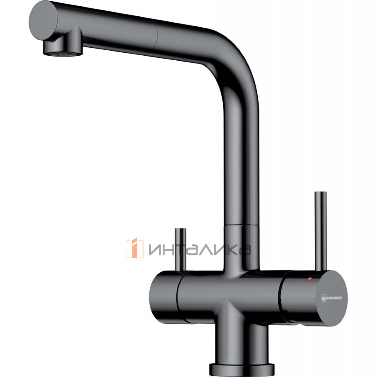 Смеситель Omoikiri TAKAMATSU-S с выводом питьевой воды, с выдвижным шлангом, вороненая сталь