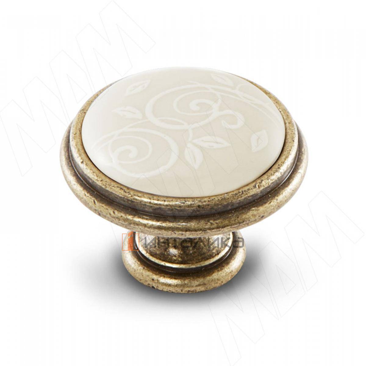 Ручка-кнопка D35мм бронза состаренная/керамика белые узоры