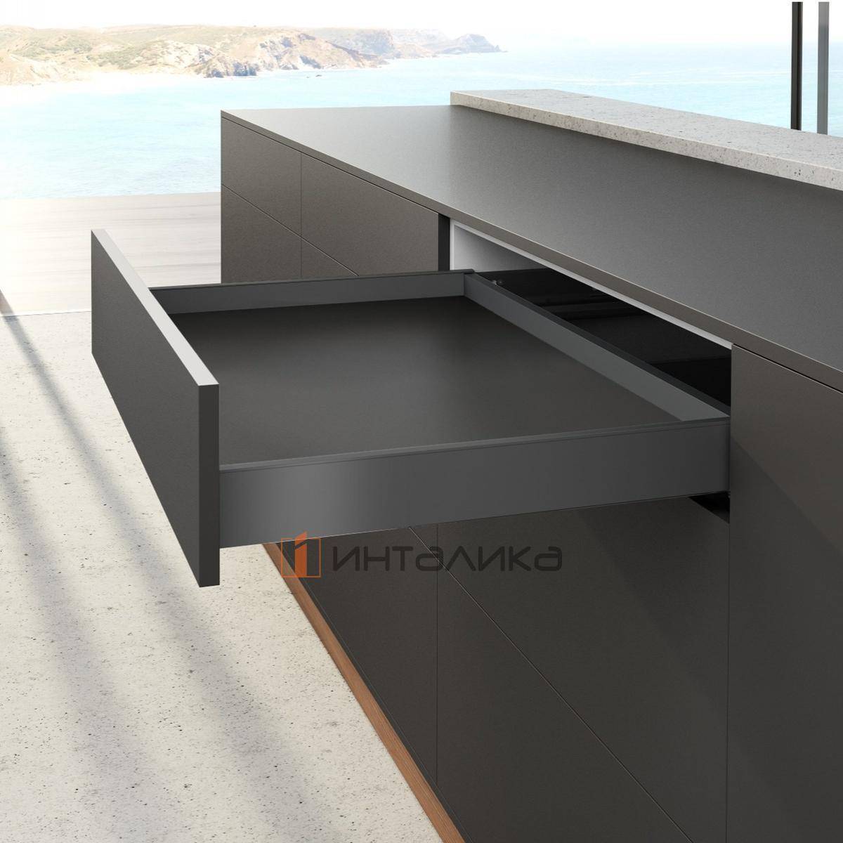Фасадный ящик под духовой шкаф HETTICH АванТех Ю Актро Открывание нажатием, бесшумное закрывание / AvanTech You Actro L Push to Open Silent, полное выдвижение, H77, NL400, G40, снаряжённый вес ящика 8-20, антрацит