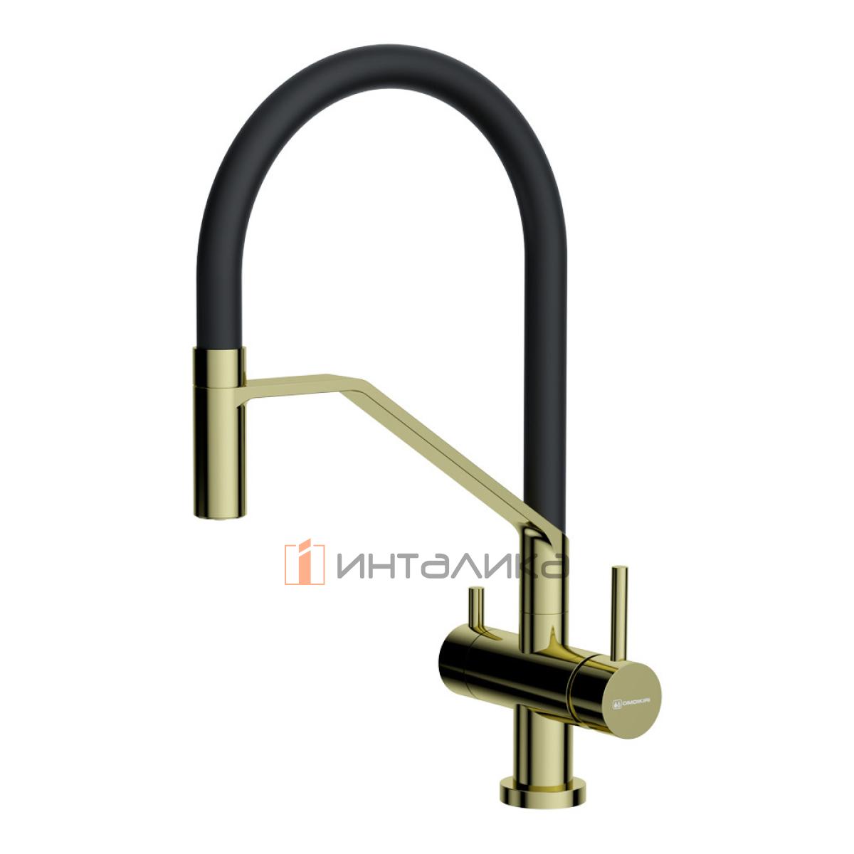 Смеситель Omoikiri AKENO однорычажный, с выводом питьевой воды, с гибким шлангом, светлое золото