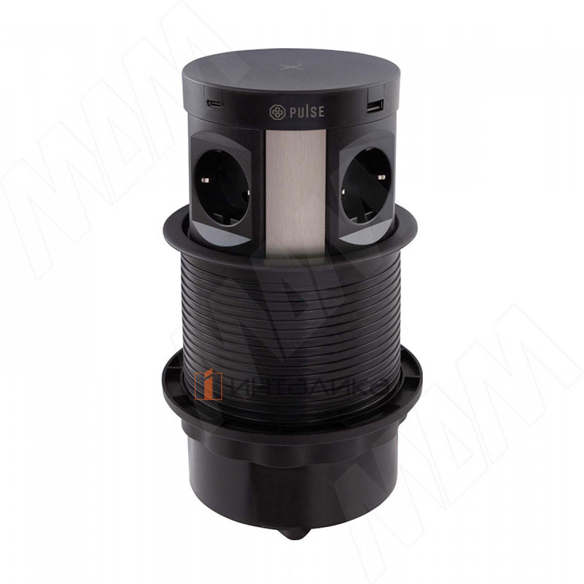 Выдвижной блок розеток, d=122 мм, 4 розетки, 2 USB, 2 USB Type-C, быстрая зарядка, беспроводная зарядка, черный