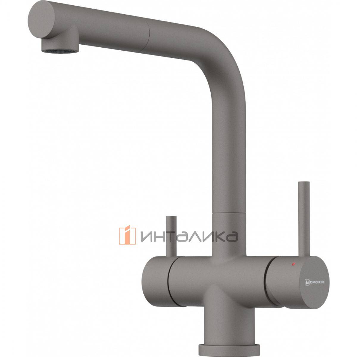 Смеситель Omoikiri TAKAMATSU-S с выводом питьевой воды, с выдвижным шлангом, leningrad grey