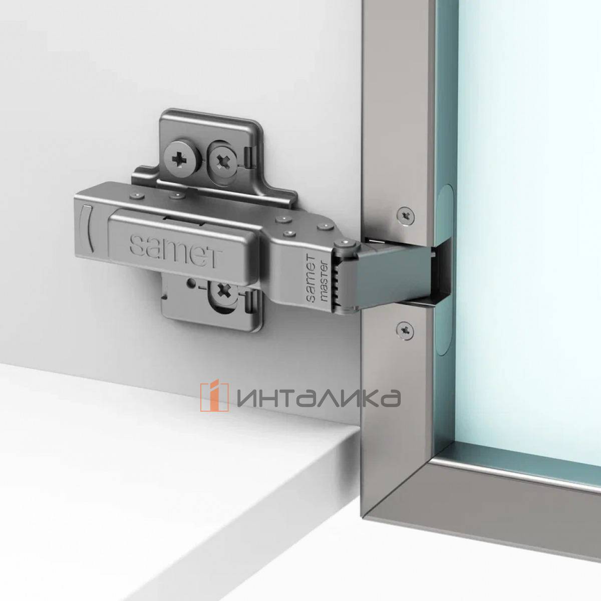 Петля SAMET Master 95° для узкого алюминиевого профиля, с доводчиком, полунакладная, быстрый монтаж, никель + крепеж