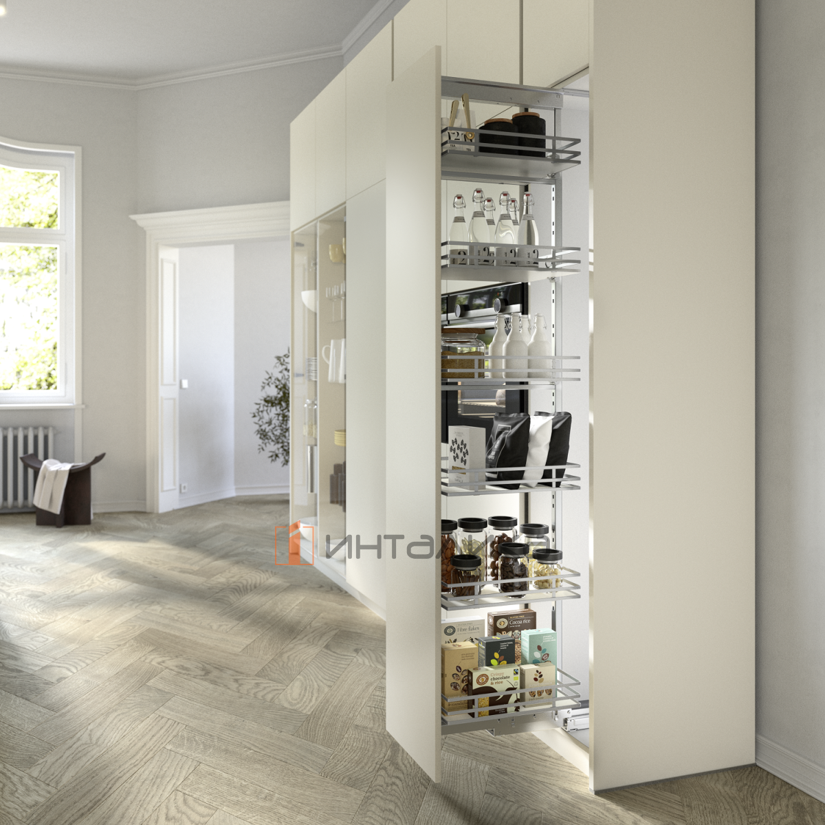 Комплект шкафа-колонны HETTICH Олона / Olona 400, ШК 400, H1600-1950, 5 полок, демпфер на закрывание, G100, хром/белый