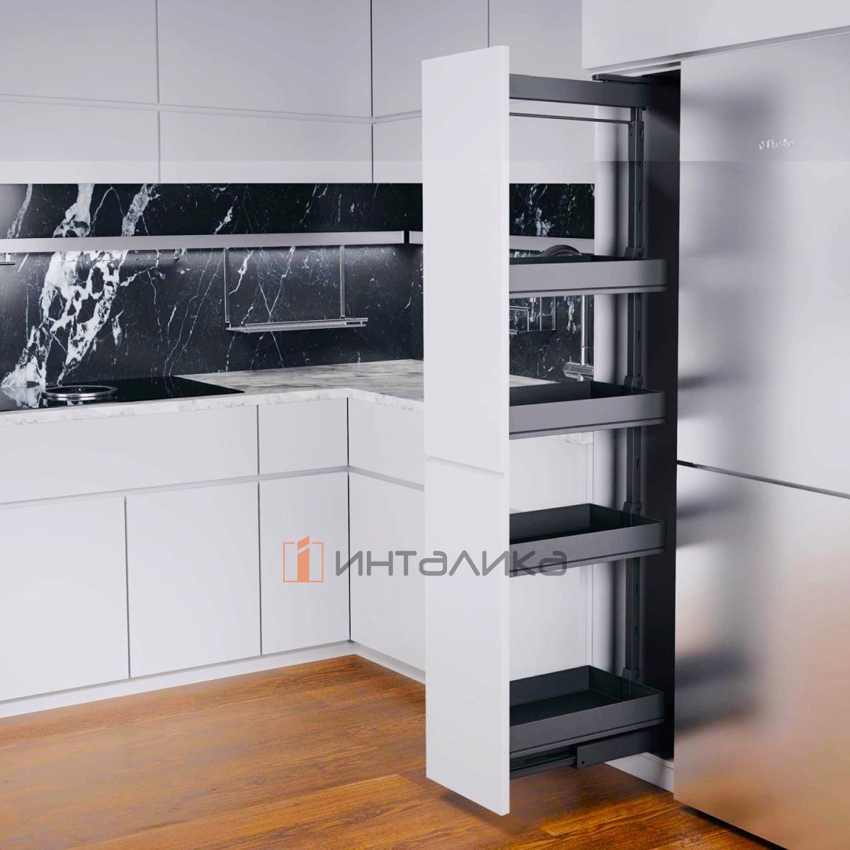 Выдвижной шкаф-колонна КЕССЕБЁМЕР / KESSEBOHMER Диспенса 300, 4 полки Арена Пьюр, с доводчиком на закрывание, полное выдвижение, Антислип, H1200-1600, G100, антрацит