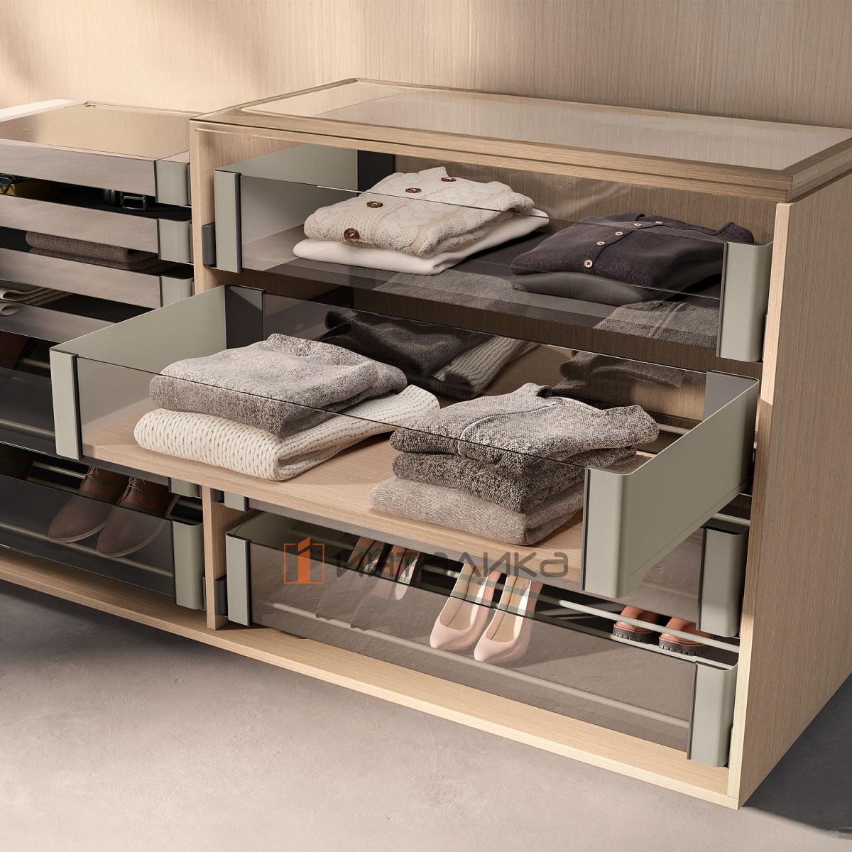 Комплект полка внутренняя выдвижная со стеклом 320, КЕССЕБЁМЕР / KESSEBOHMER Конеро, H 168, W 760-820, без дна, шампань