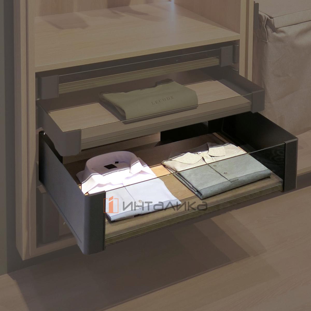 Комплект полка внутренняя выдвижная со стеклом 450, КЕССЕБЁМЕР / KESSEBOHMER Конеро, H 168, W 534-594, без дна, черный