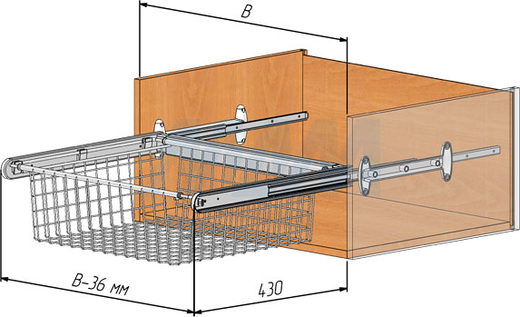 Установка корзины BELLE с полным выдвижением для хранения белья (артикул BE60BA, BE70BA, BE80BA, BE90BA), схема 1