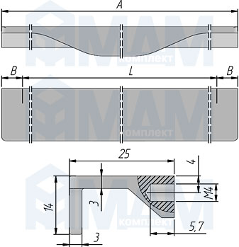 Размеры профиль-ручки длиной 180 и 340 мм (артикул 3661.180 и 3661.340)