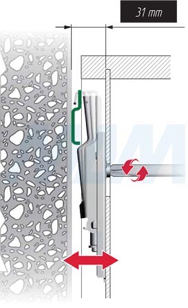 Регулировка скрытого мебельного навеса APC6 с креплением на штоки D=15 мм (артикул 6 52100), схема 2