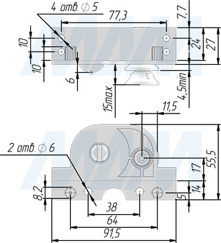 Размеры регулируемой колесной поворотной опоры KEY-F (артикул 6494)