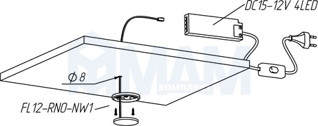 Установка точечного круглого светодиодного светильника FLAT (артикул FL12-RNO)