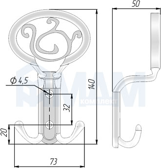 Размеры трехрожкового крючка ROME (артикул WAP.801)