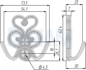 Размеры двухрожкового крючка ROME (артикул WAP.802)
